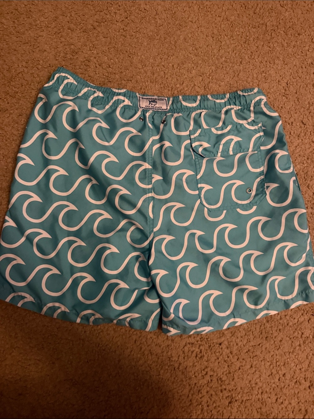 Southern Tide Teal & White Wave-Print Swim Trunks